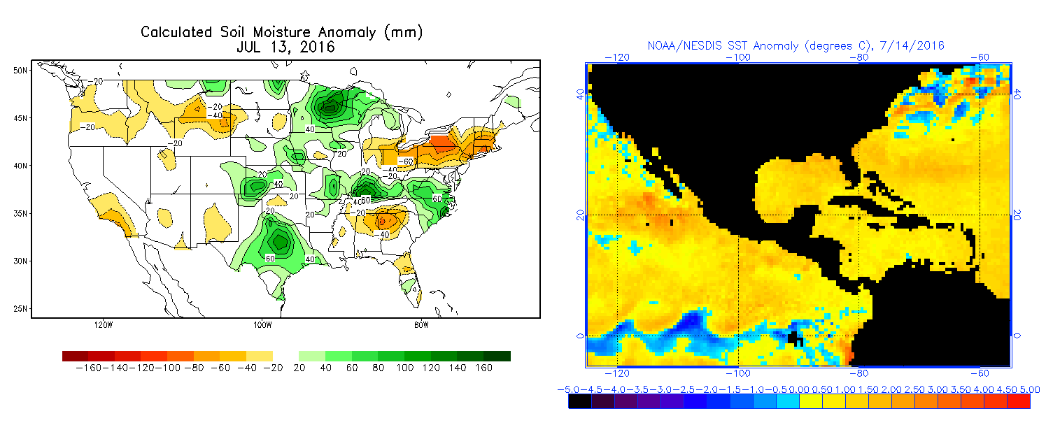 Soil moisture anomalies (left) and sea surface temperature anomalies (right) imply added warmth & moisture to keep our nights warmer than usual. (NOAA)