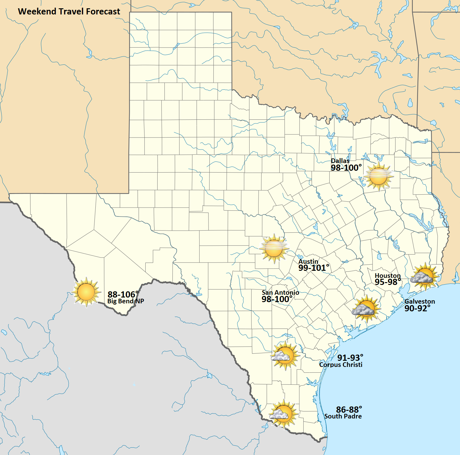 The weekend travel forecast across Texas is quite toasty again. 