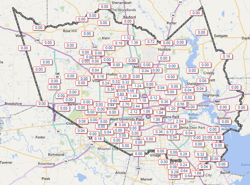 Rainfall totals from Monday show some 1"+ totals, but also a lot of zeroes. (Harris County Flood Control)