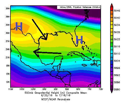 500 mb chart since June 20 shows high pressure dominating the Gulf Coast. (NOAA)