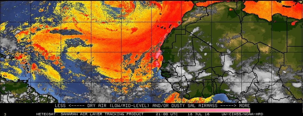 Satellite shows extensive dust from the Sahara Desert in the Atlantic Basin. (Univ of Wisconsin)