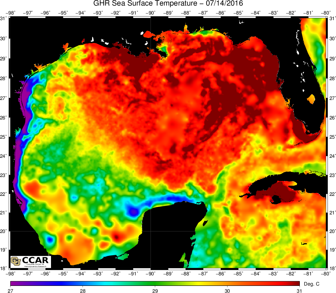 Gulf water temperatures are more than capable of sustaining and strengthening any tropical system, if it were to move through. (Colorado Center for Astrodynamics Research)