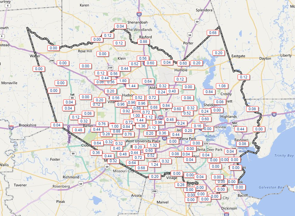 Tuesday's rain totals; many places saw at least some rain, though not everyone. (Harris County Flood Control)