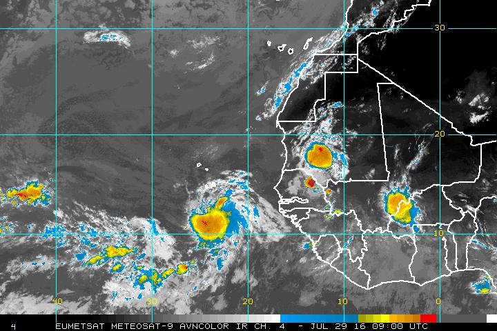 Satellite picture of disturbance "Invest 96L" this morning. (NOAA)