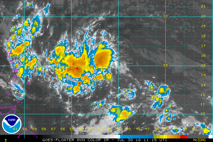 Disturbance Invest 97L is weakly organized and racing toward the Lesser Antilles and the Caribbean Saturday. (NOAA/NHC)