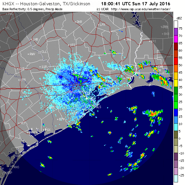 Radar loop from 1 PM-5 PM Sunday shows pulse storms around Houston. (UCAR)