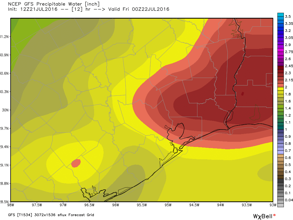 The forecast for precipitable water lurches upward this weekend, increasing our chances for daytime storms. (Weather Bell)