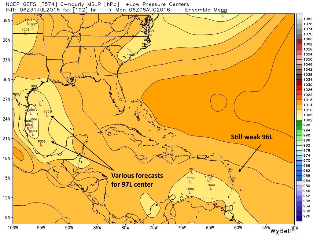 GFS ensemble forecast for tropical low locations early Monday morning. (Weather Bell)