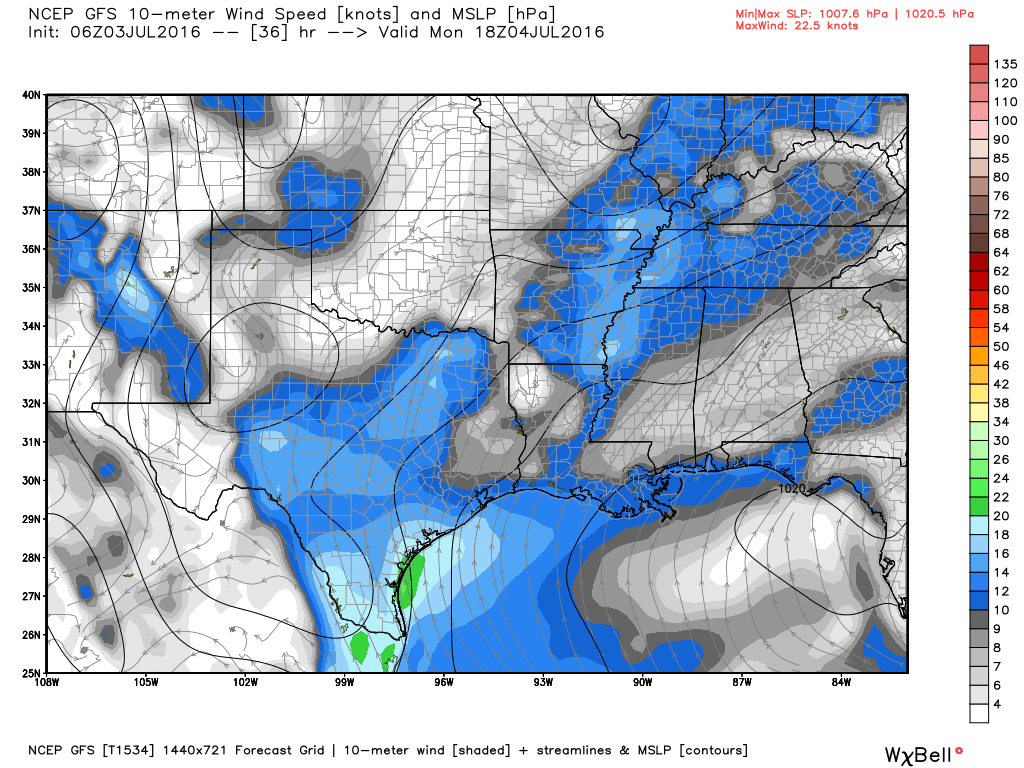Houston may see some gusty winds the next few days as air flows along pressure lines at the surface. (Weather Bell)