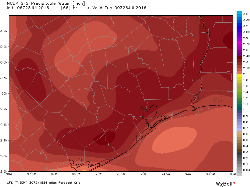 Precipitable water levels  are likely to surge on Monday and Monday evening in Houston. (Weather Bell)