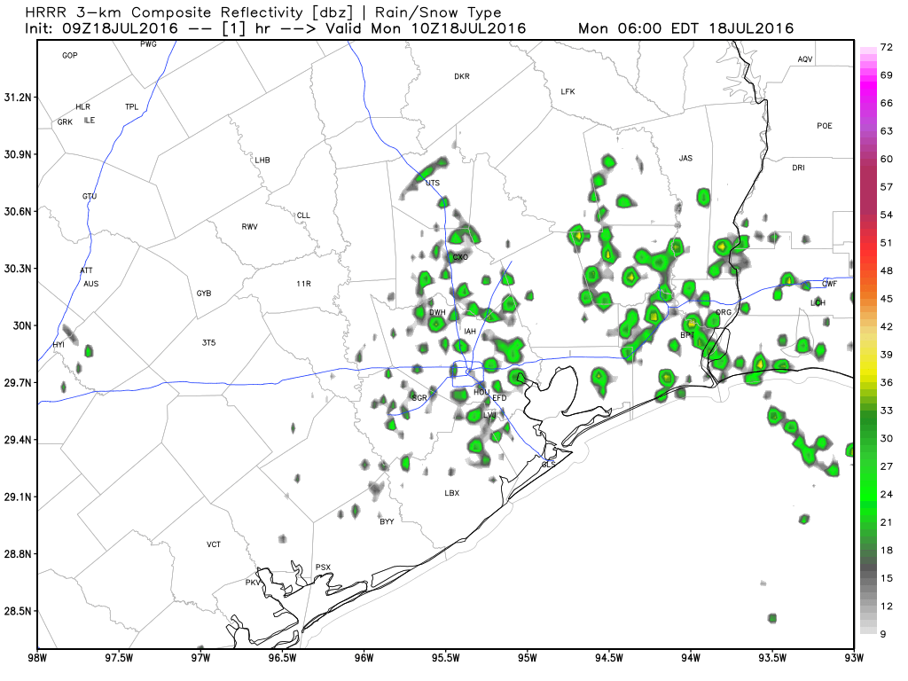 Forecast radar today shows a smattering of showers, but not everyone will see one. (Weather Bell)