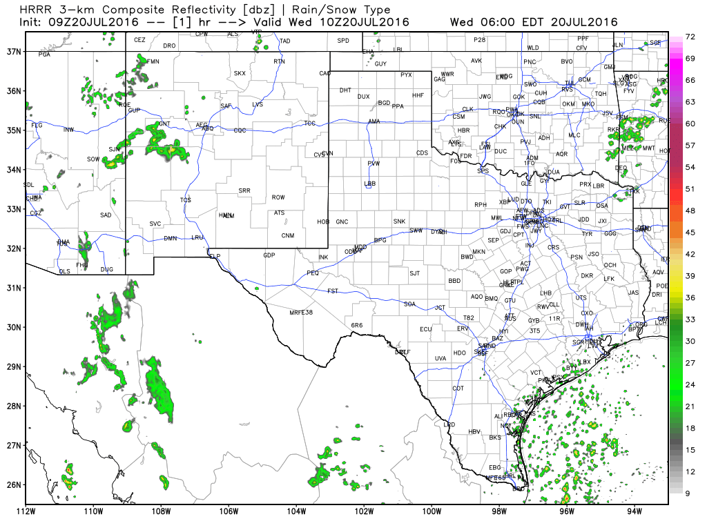 HRRR model forecast today shows the best concentration of showers south of Houston. (Weather Bell)