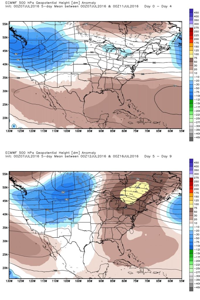 In these forecasts from the European model, we can see pressure falling from this weekend (top image) to more moderate levels from Tuesday through Friday next week. (Weather Bell)