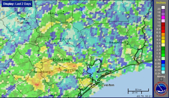 Accumulated rainfall for Houston from 5am Monday through 5am Wednesday. (NOAA)