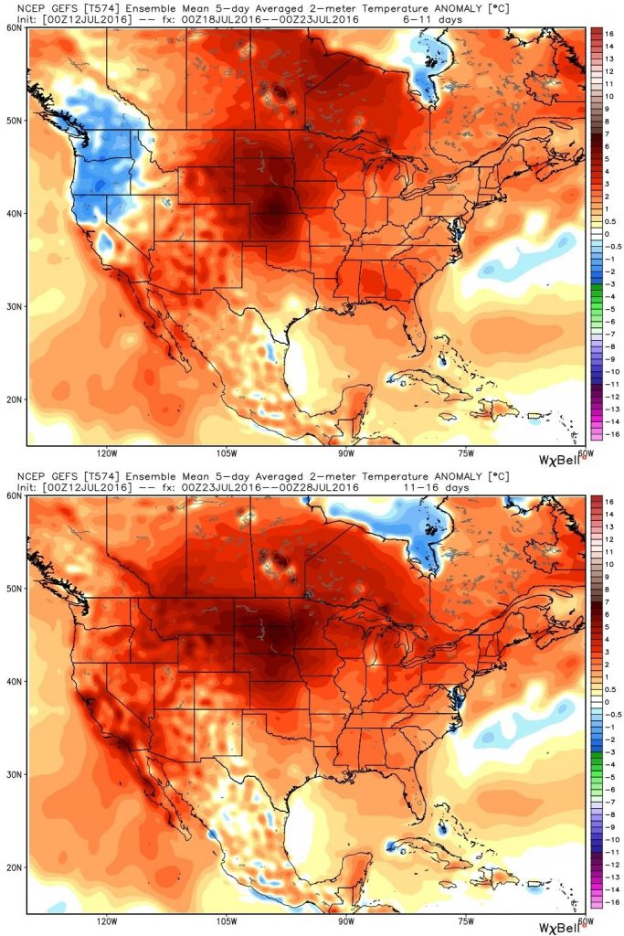 GEFS model forecast temperature anomalies for July 18-23 (top) and July 23-28 in Celsius. (Weather Bell)