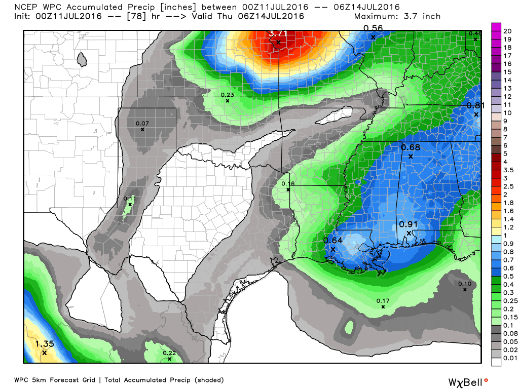 The rain accumulation forecast for now through Wednesday is pretty grim. (Weather Bell)
