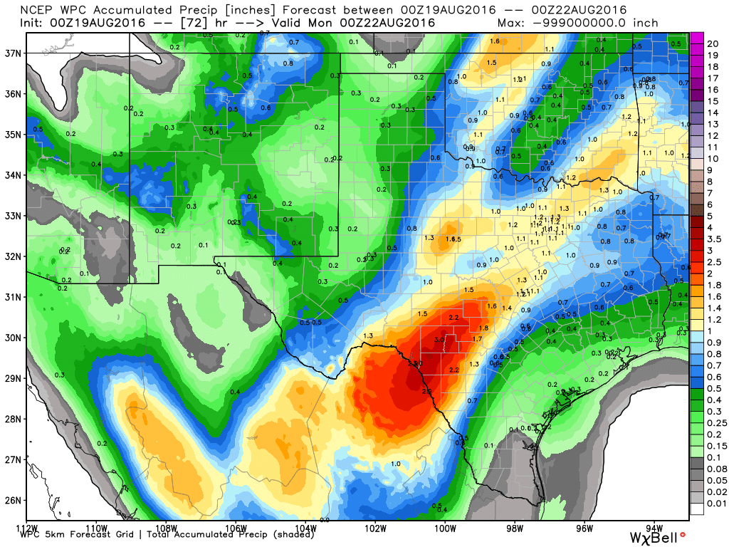 Forecast rainfall through Sunday evening calls for 2-4" west of San Antonio back through the RGV. Locally higher amounts possible. (Weather Bell)