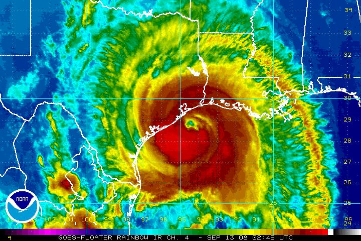 Infrared satellite imagery of Hurricane Ike before landfall, September 2008 (courtesy NOAA)