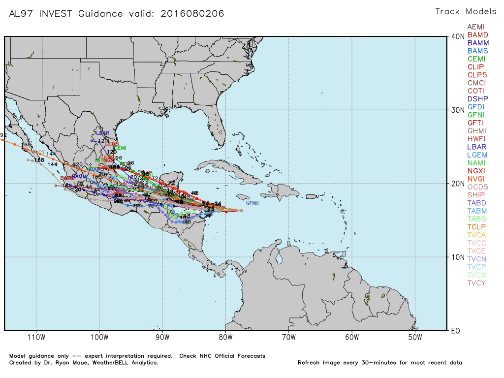 Model guidance for Invest 97L continues to keep the storm well south of Texas. (Weather Bell)