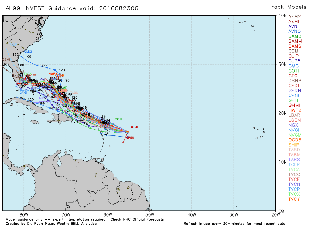 Early morning track models for Invest 99L. (Weather Bell)