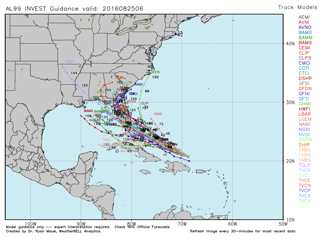Overnight track model runs for Invest 99L. (Weather Bell)