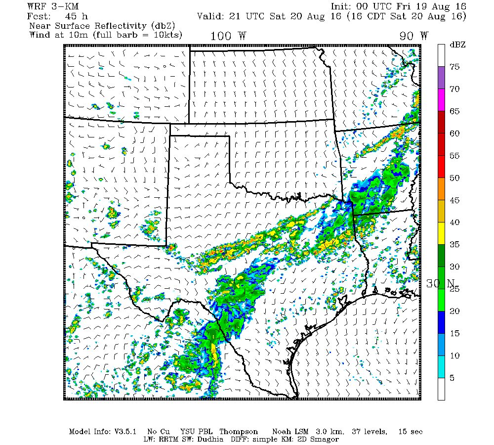 Texas Tech WRF model forecast for Saturday afternoon shows just a few showers around, with heavier activity well north and west of our region. (Texas Tech)
