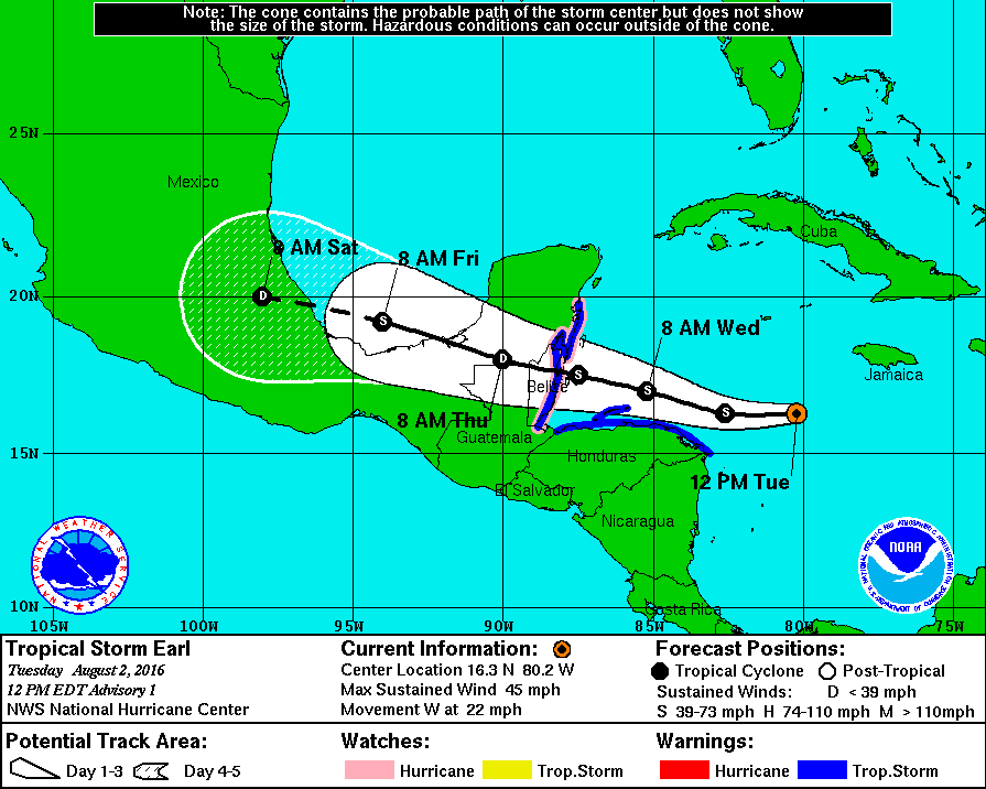 First advisory issued for Tropical Storm Earl on August 2nd, 2016 (Courtesy NWS)
