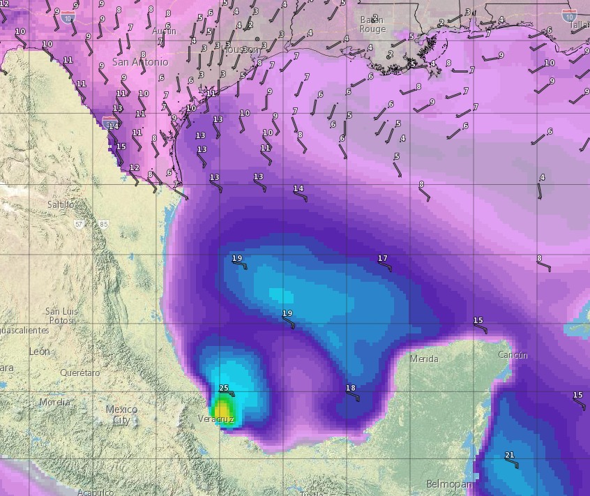 Winds forecast from the National Weather Service. Earl is not going to be large enough to bring any significant winds to Texas. (NOAA)