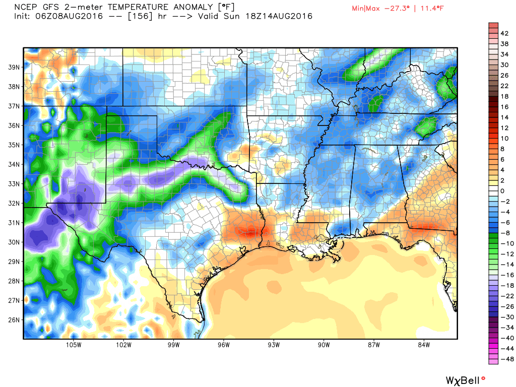 This temperature anomaly map for Sunday shows cooler weather moving into Texas, but alas not Houston. (Weather Bell)