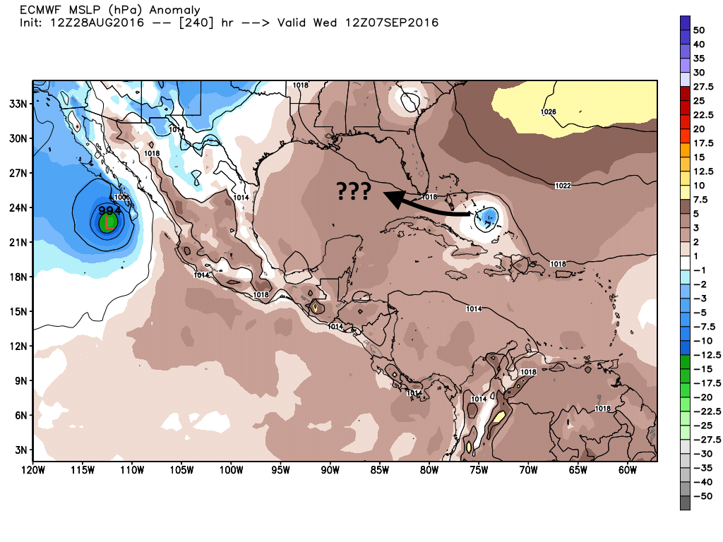 The tenth day of the European model forecast shows the "future storm" having crossed the Atlantic. (Weather Bell)