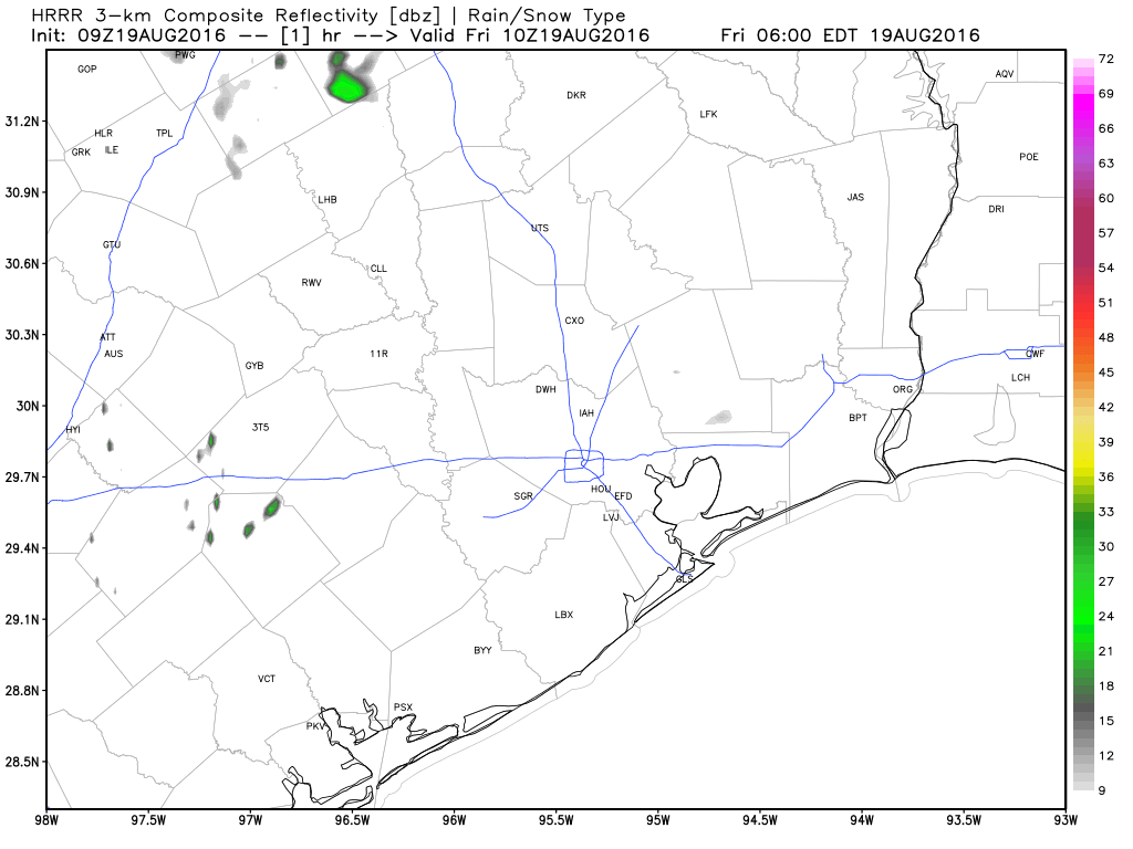 Forecast radar from the HRRR today shows scattered afternoon showers  & storms, though perhaps a bit less coverage than we saw Thursday. (Weather Bell)