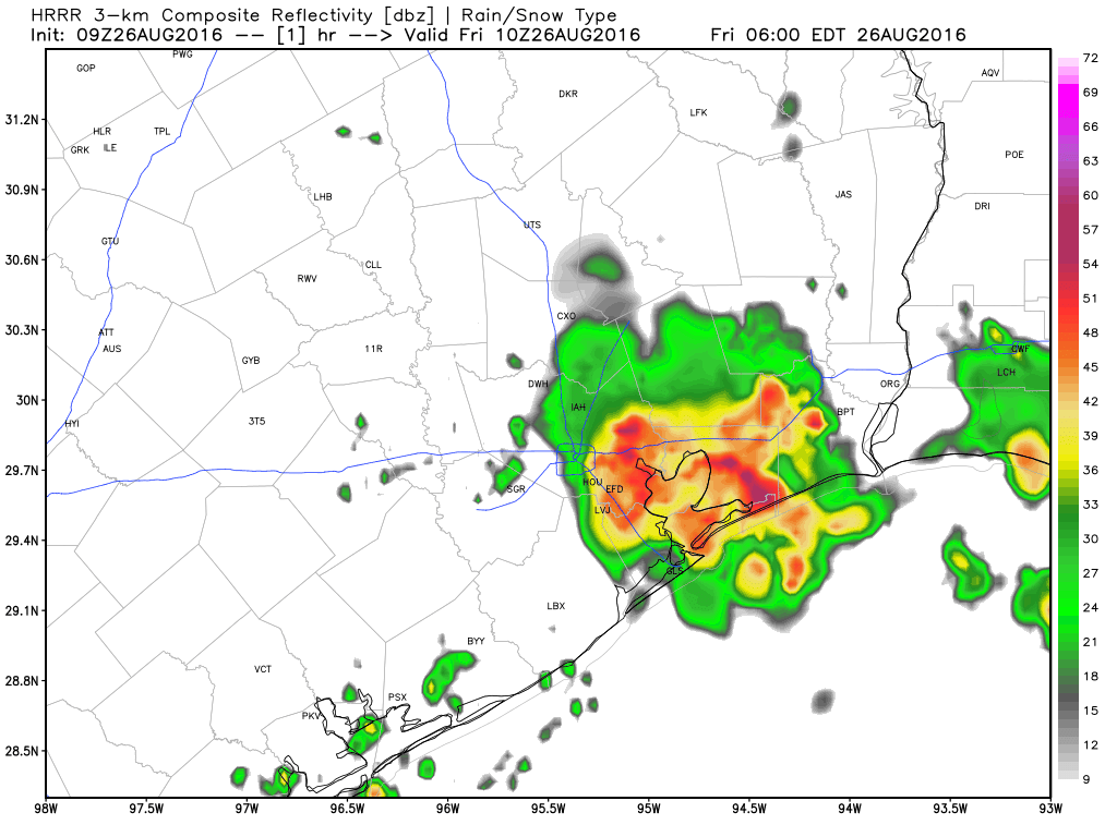 HRRR model today shows rain diminishing, but scattered afternoon storms as well. (Weather Bell)
