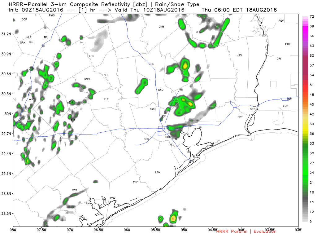 HRRR model forecast radar for today shows storms spreading inland during the afternoon. (Weather Bell)