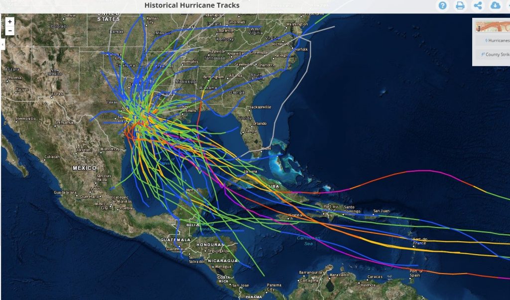 Track of hurricanes that have passed near the greater Houston area. (NOAA/Matt Lanza)