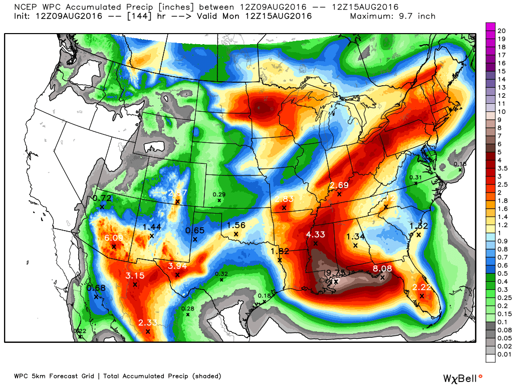 NOAA rain accumulation map for between now and Monday. (Weather Bell)