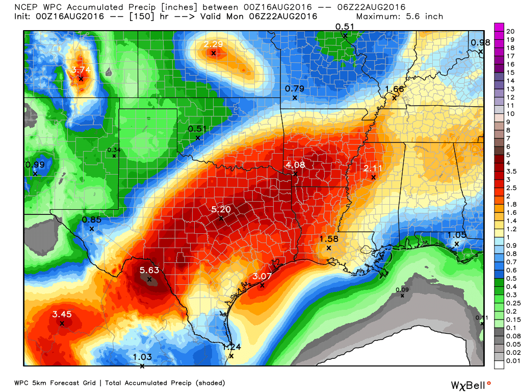 Most of the greater Houston region could pick up an additional 2 to 3 inches of rain this week. (Weather Bell)