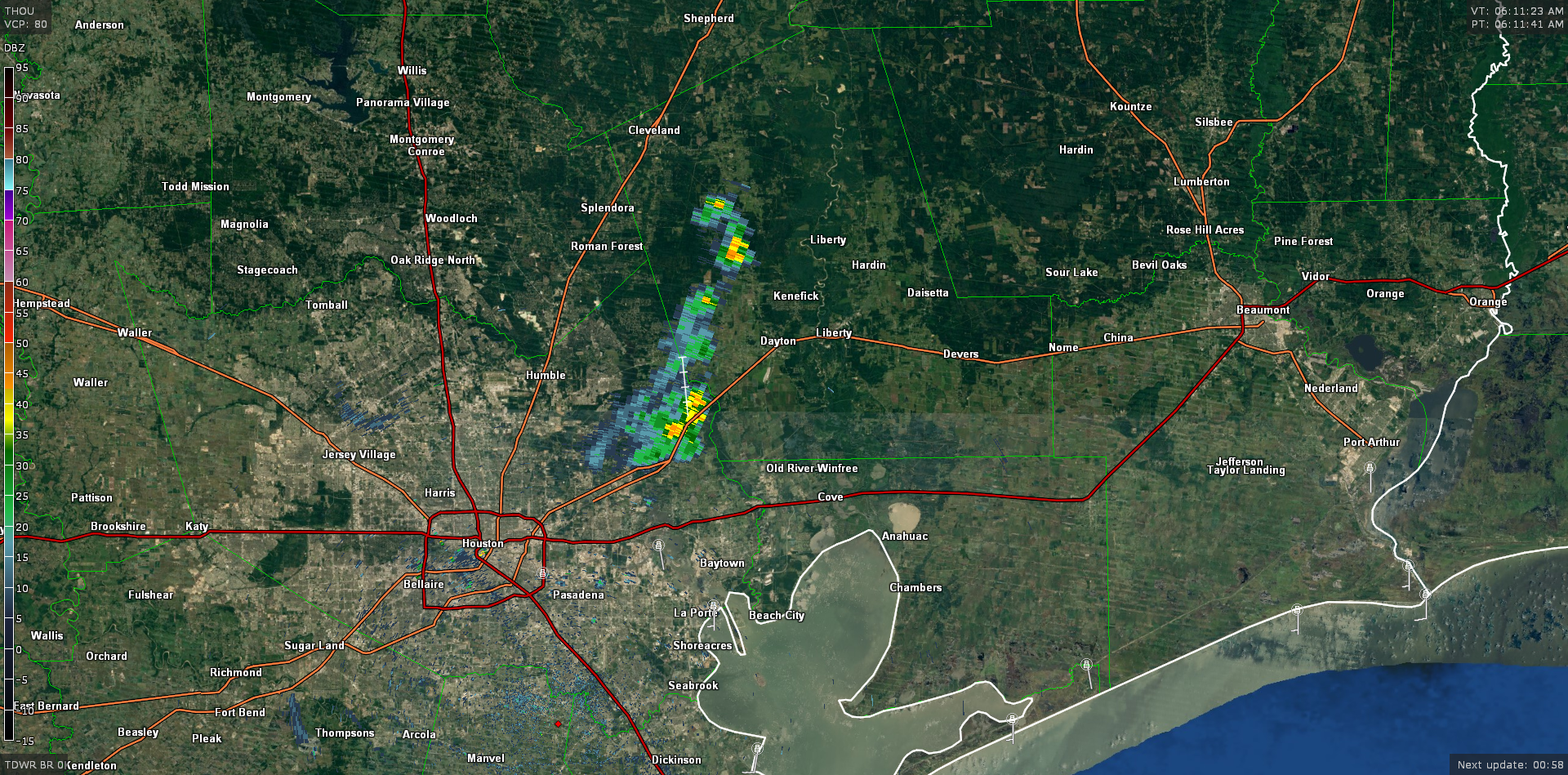 Radar shows just a few showers drifting north and northeast toward Liberty County. (GR Level 3)