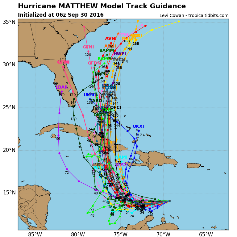 Models are in good agreement on Matthew's future track staying out of the Gulf. There are still questions about potential East Coast impacts, however. (Tropical Tidbits/Levi Cowan)