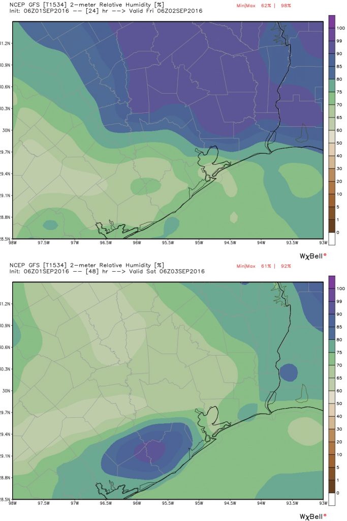 A comparison of the GFS model forecast for relative humidity on Thursday night versus Friday night (bottom). (Weather Bell)