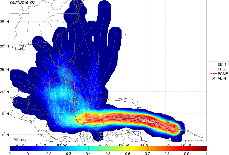 Confidence in 97L's track is high over the next few days, then suddenly plummets. (Brian Tang/SUNY Albany)