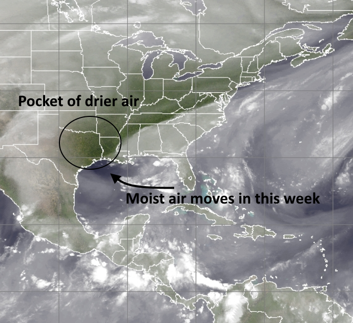 In this water vapor image you can see a pocket of drier air over Houston. It will be replaced by Gulf moisture later this week. (NOAA)