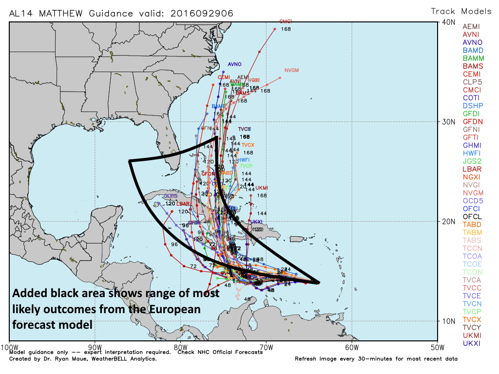 Forecast models mostly show Matthew staying east of Florida, but the European model (shown) sees a track closer to Florida. (Weather Bell)