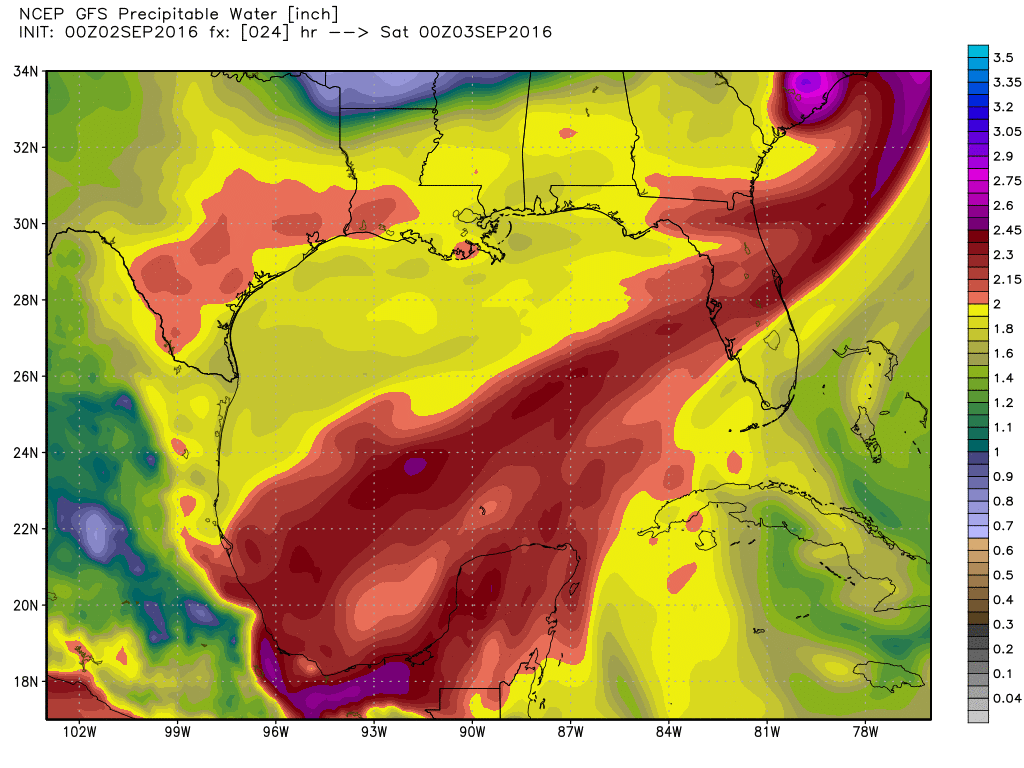 Over the next 3 days, a slug of high Gulf moisture is going to lift into Texas from the Bay of Campeche, ushering in better storm chances later Sunday and Monday. (Weather Bell)