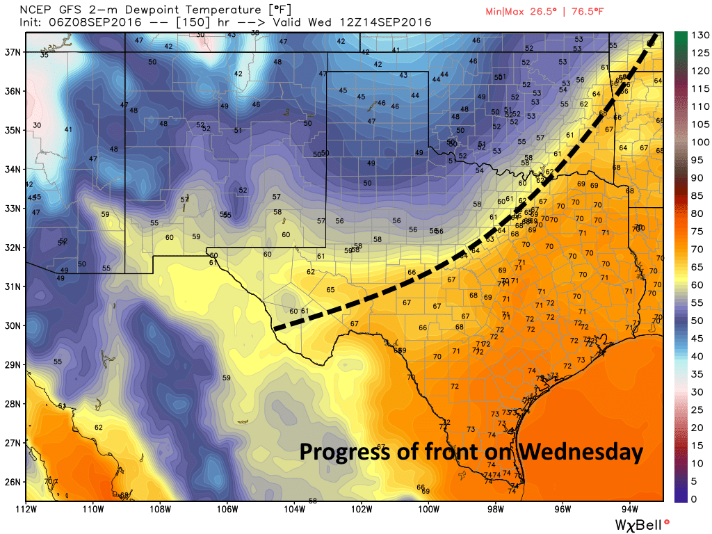 Progress of cold front as of next Wednesday morning, according to the GFS model. (Weather Bell)