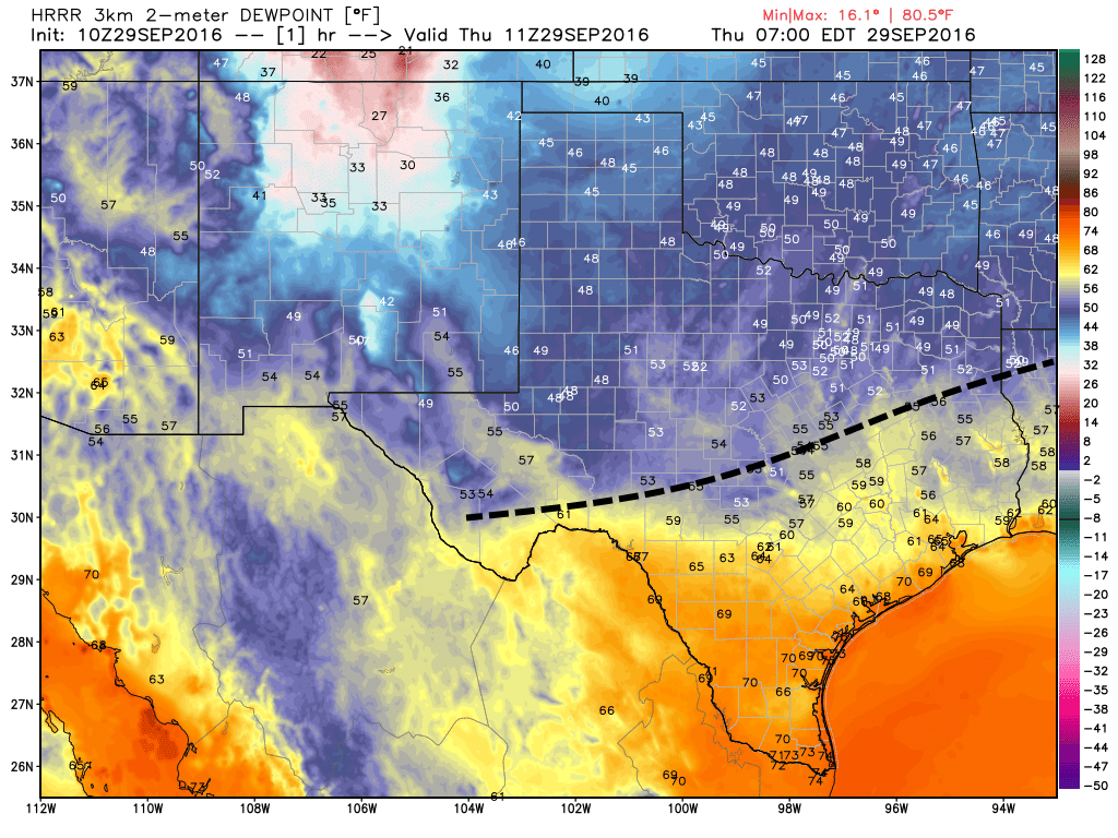 A reinforcing cool front is moving through Texas this morning (position just before sunrise shown here). It should push through Houston today. (Weather Bell)