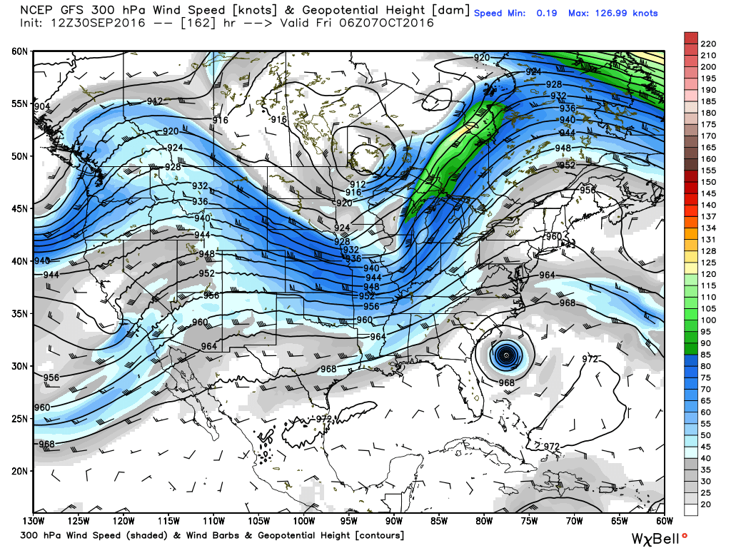 This GFS model forecast for upper-level winds next Thursday morning shows that the jet stream isn't far enough south to provide really strong upper-level winds along the Texas coast. (Weather Bell)