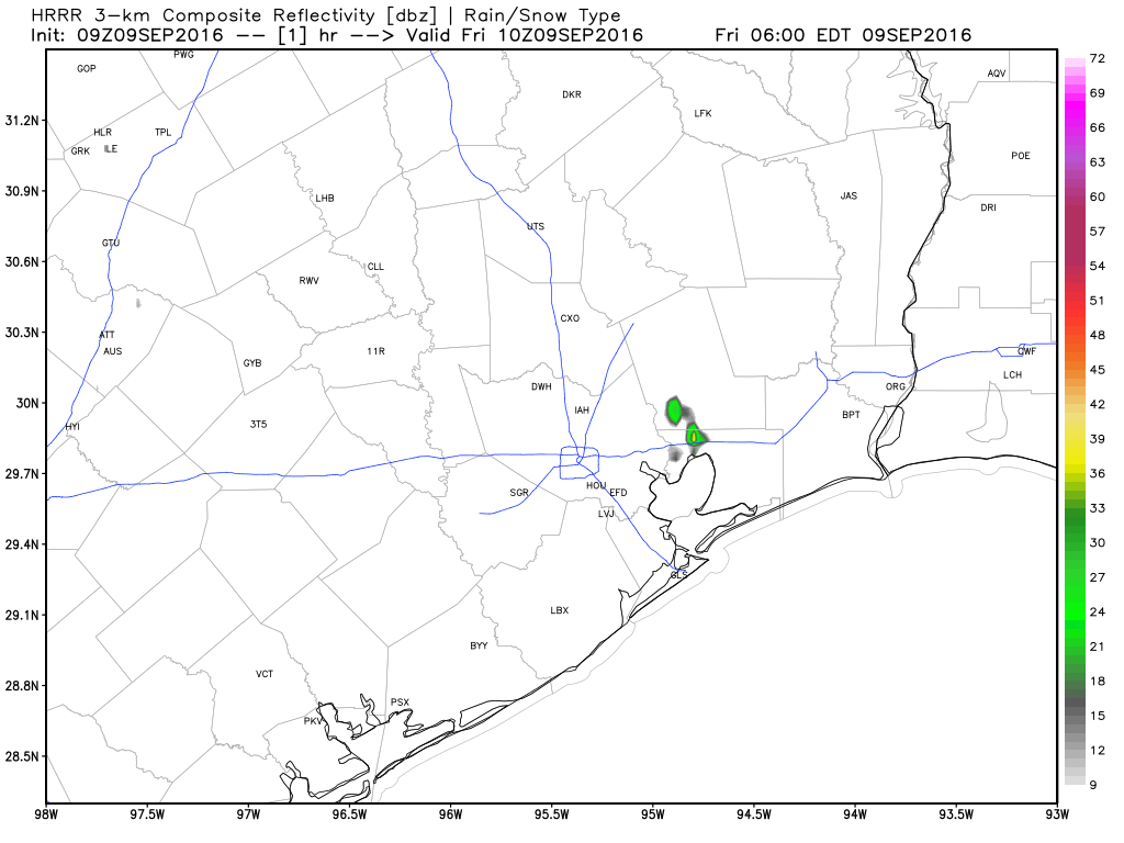 HRRR model suggests widely scattered showers & storms this afternoon, diminishing in the evening. (Weather Bell)