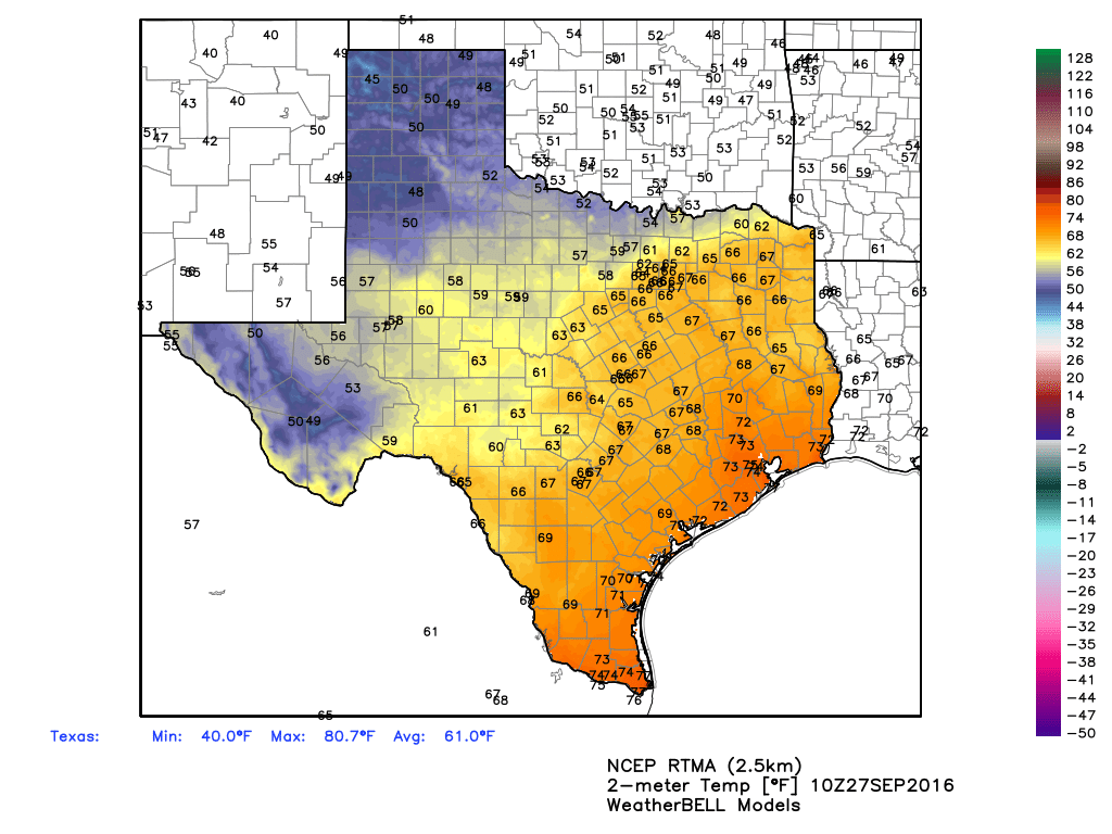 Temperatures this morning show the progress of cold air into Texas. (Weather Bell)