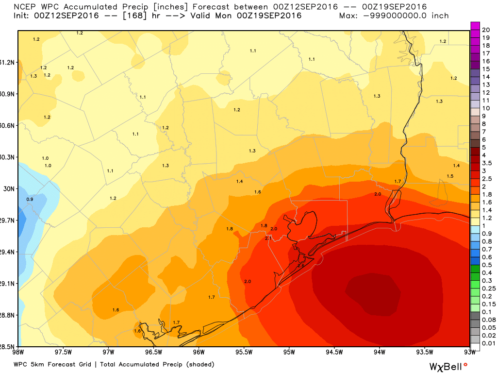 Total rainfall amounts for Houston, through Sunday, as forecast by NOAA. (Weather Bell)