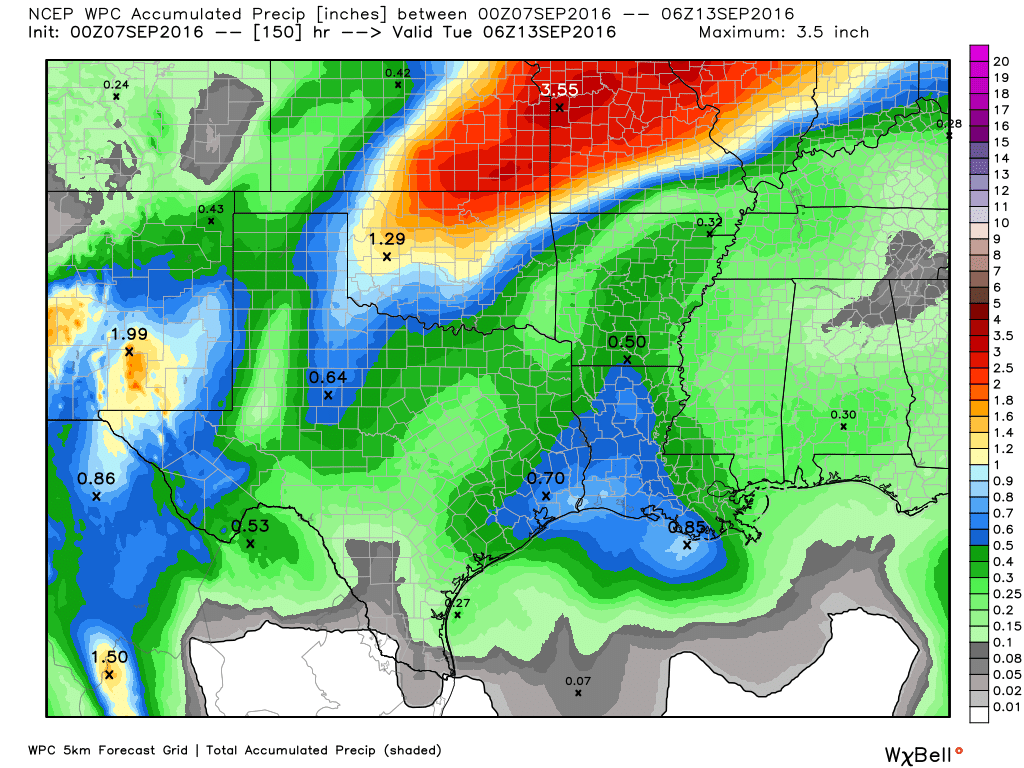 Most of the Houston area should see a few tenths of an inch from now through next Monday. (Weather Bell)